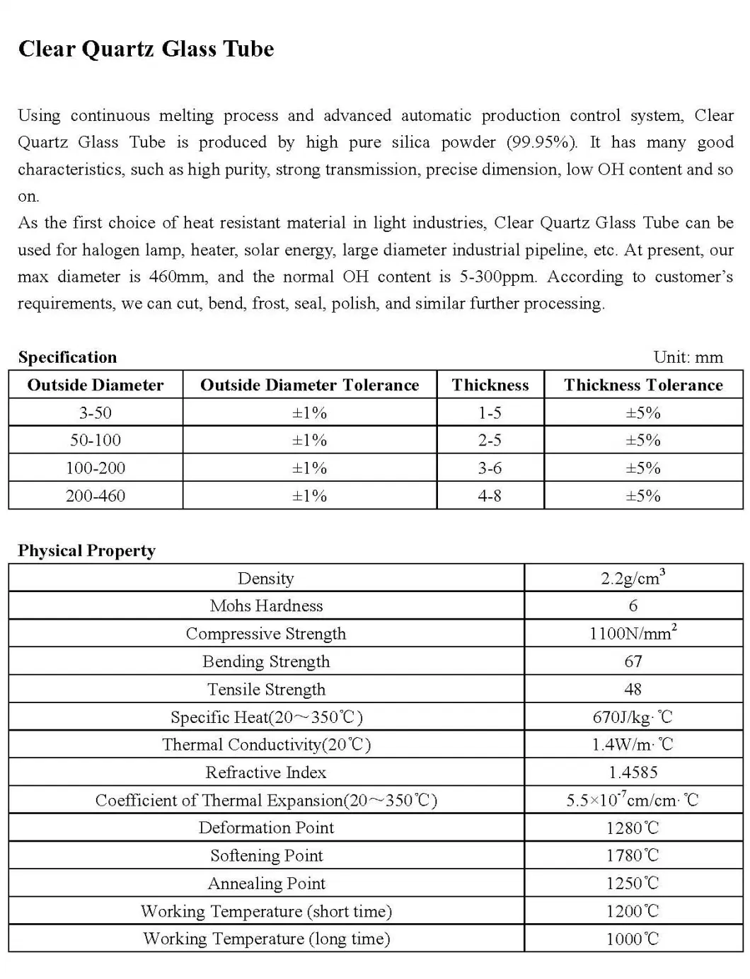 Heat Resistance Thick Wall Clear Fused Silica Quartz Glass Tubing with Competitive Price